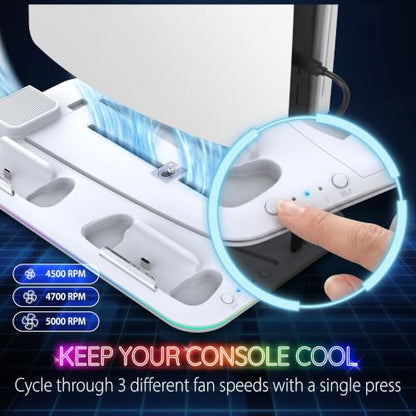 Fosmon for PS5/Slim/Pro Cooling Station and Charging Stand Vertical Controller Charger, Fan Cooler System with RGB Light,15 Game Slot, USB Port, Gaming Headset Holder for PS5 Console Accessories Kit