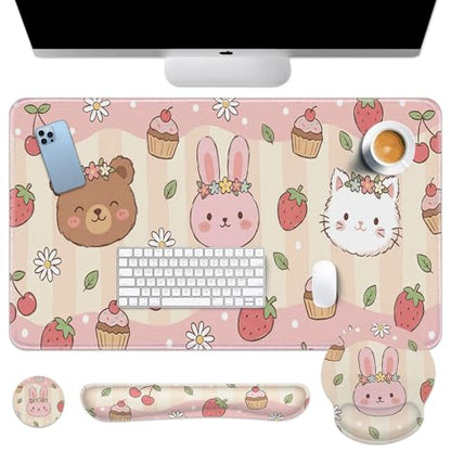 Arttown Keyboard Mouse Pad Set, 4 in 1 Desk Mat Set Strawberry Kawaii | Pink Animal Large Mousepad+Keyboard Wrist Rest+Mouse Wrist Rest+Coaster Ergonomic Design for Home Office Computer - color: Cute Animal