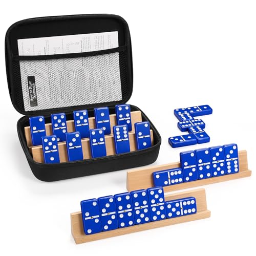 Dominoes Set for Adults with 4 Wooden Racks/Trays, Double Six Travel Portable Case 6 Tiles Holders, 28 Dominos Family Board Games - Blue - color: Blue