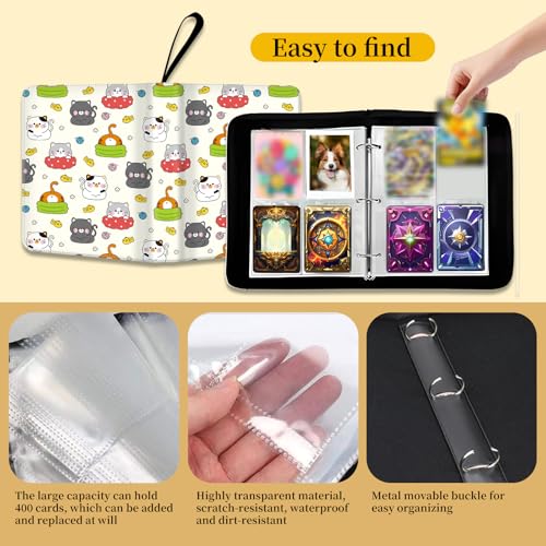 AXUASSILD 4 Pocket Card Binder, Premium Trading Card Holder Fits 400 Cards With 50 Removable Sleeves, Cute Portable Collection Card Ablum Holder Cute Colorful Cats - color: Cute Colorful Cats
