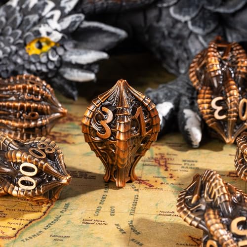 7-Die Metal DND Dice Set Metallic Polyhedral Role Playing Dice | Dragon Claw Design Perfect for Dungeons & Dragons RPG Tabletop Role-Playing Games - color: Dragon Claw-ancient Gold
