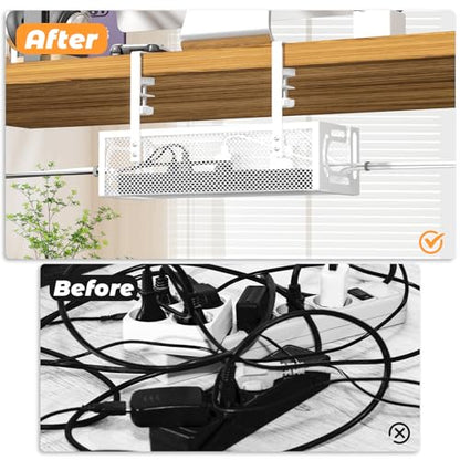 Under Desk Cable Management Tray, 15.7'' No Drill Steel Desk Cable Organizers, Wire Management Tray Cable Management Rack (2 Packs-White) - color: 2 Packs-15.7"-White