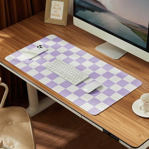 Ohocut Checkered Desk Mat, 31.5" x 15.7" Large Cute Purple Aesthetic Retro Girl Women Accessories, PU Leather Computer Laptop Mat Mouse Keyboard Pad, Desk Writing Makeup Mat for Vanity/Work/Home Decor - color: Purple, size: 31.5" x 15.7"