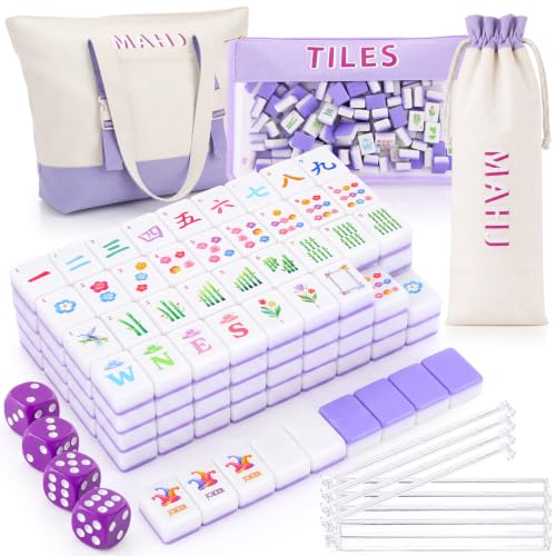 1.2'' American Mahjong Set 160 Mahjong Tile 4 All-in-One Rack Pushers 4 Dice 3 Carrying Bags Accessories Complete American Mah Jong Tile Set for Table Travel Game Collection Gift(Purple)