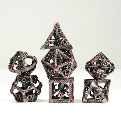 DND Dice Set,3D Octopus Hollow Metal 7-Die,SilverBlood | copper construction,72g balanced weight,engraved numbers,gift box and velvet bag for DND RPG play - color: Bloodstained