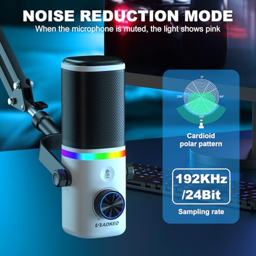 AK-10 USB Gaming Microphone with mic arm, Condenser Microphone for PC/MAC/PS4/PS5/Phone-Cardioid Mic with RGB Lighting（White） - color: Ivory