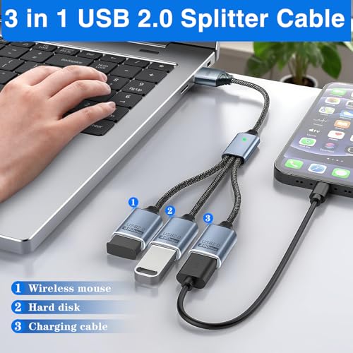 Duttek USB Splitter 1 to 3 with USB A to C Adapter, USB 2.0 Extension Cable 3 Port Hub for PC, MacBook, Laptop, Flash Drive, Keyboard 0.8FT/25cm-Grey - style: USB Splitter 1 to 3 with USB A to C Adapter