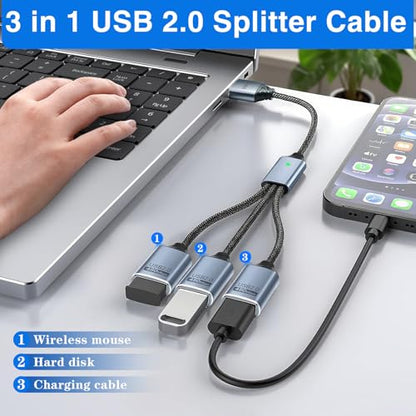 Duttek USB Splitter 1 to 3 with USB A to C Adapter, USB 2.0 Extension Cable 3 Port Hub for PC, MacBook, Laptop, Flash Drive, Keyboard 0.8FT/25cm-Grey - style: USB Splitter 1 to 3 with USB A to C Adapter