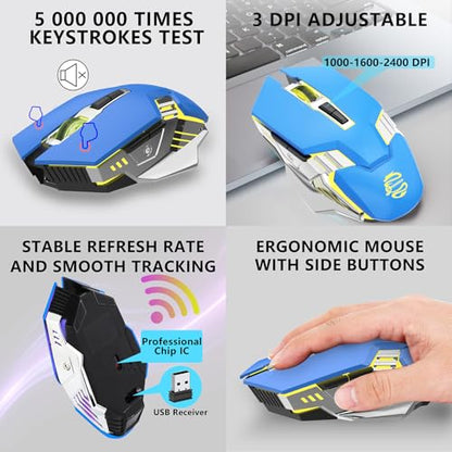 Bluetooth Wireless Gaming Mouse, RGB Rechargeable USB Wireless Mouse, Quiet Click, LED Backlit, Ergonomic, with Side Button, DPI Adjustable Computer Mice for Laptop PC MacBook Chromebook - Blue - color: blue