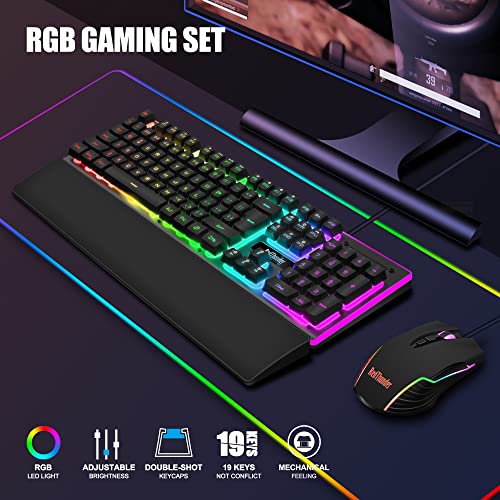 RedThunder K10 Wired Gaming Keyboard and Mouse and Wrist Rest Combo, RGB Backlit, Mechanical Feel Anti-ghosting Keyboard + 7D 7200 DPI Mice+Soft Leather Wrist Rest 3 in 1 PC Gamer Accessories(Black) - color: Black