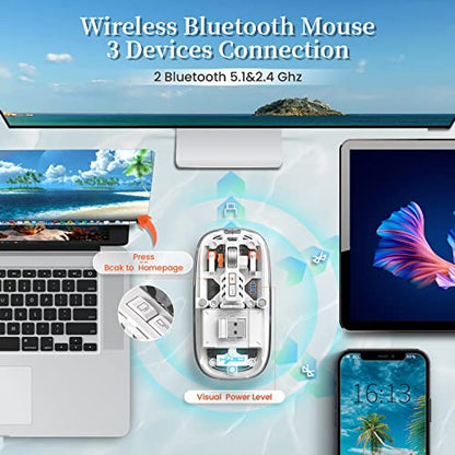 A.JAZZ Wireless Bluetooth5.1&2.4G Mini Lightweight Mouse,Transparent Clear Cool,Rechargeable Silent Computer Mice,Nano USB C Receiver,LED Battery Magic Silm for Office/PC/Mac/Laptop/Apple/ipad(White) - color: White