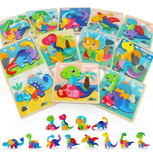 TOY Life Wooden Puzzles for Toddlers 2-4, 12 Pack Dinosaurs Puzzles for Toddler 1-3, Kids Montessori Toys for 1 2 3 Year Old, Educational Toys for Boys Girls Age 2 3 4 5, Baby Learning Toy Gifts - style: 12PCS