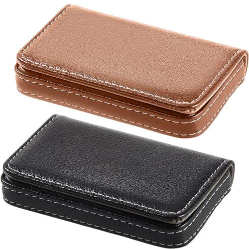 Outus 2 Pcs Business Card Holder, PU Leather Business Card Case Pocket Wallet with Magnetic Shut for Valentines Gift Adult(Black, Apricot) - color: Black, Apricot