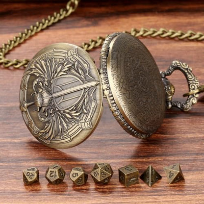 Mini DND Dice Set with Steampunk Paladin Pocket Watch Shell Case, DND Starter Set, 7pcs Polyhedral Mini Metal Dice Set, D&D Gifts with Gift Box, Role Playing Board Game Accessories,Bronze - color: Bronze + Gift Box