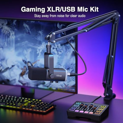FIFINE XLR/USB Gaming Microphone Set and Gaming Audio Mixer,Dynamic PC Mic for Streaming Podcasting,RGB Recording Mixer with XLR Microphone Interface,Computer RGB Mic Kit with Boom Arm Stand(AM8T+SC3)