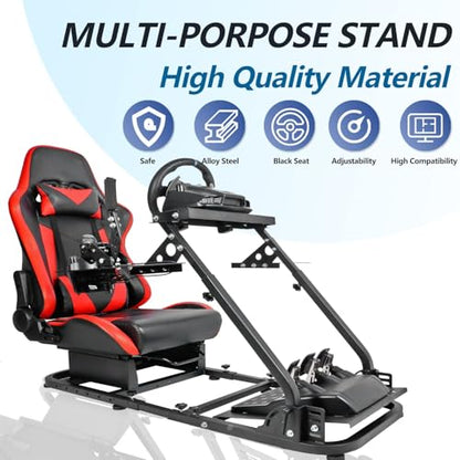 Minneer Foldable Racing Flight Simulation Cockpit with Red Seat Fit for Logitech G29 G920,for Thrustmaster T248,for Fanatec,Double Levers Drive Gaming Wheel Stand,Not Included Wheel,Pedal,Handbrake