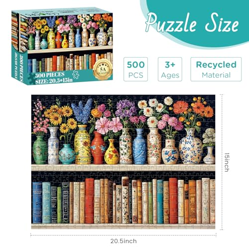500 Piece Puzzle for Adults Puzzle, Beautiful Bookshelf Jigsaw Puzzle 500 Pieces, Flowers and Vase Jigsaw Puzzles for Adults Seniors, Fun Decor Challenging Family Games Holiday Party Gifts 20.5×15 in - style: Beautiful Bookshelf