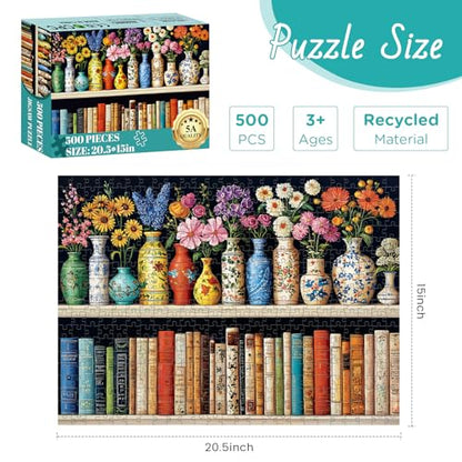 500 Piece Puzzle for Adults Puzzle, Beautiful Bookshelf Jigsaw Puzzle 500 Pieces, Flowers and Vase Jigsaw Puzzles for Adults Seniors, Fun Decor Challenging Family Games Holiday Party Gifts 20.5×15 in - style: Beautiful Bookshelf