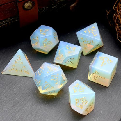 Haxtec Opal Gemstone DND Dice Set with Dice Case Precious Gemstone Dice Set for Dungeons and Dragons TTRPG Gifts for Dungeons Masters - color: White Gold