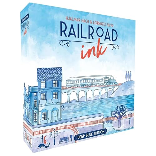 Horrible Guild Railroad Ink: Deep Blue Edition - Roll Dice and Draw Railways and Routes, 7 Rounds to Expand Your Rail Map - Expansion Dice Included Ages 8 & Up (Packaging may vary)