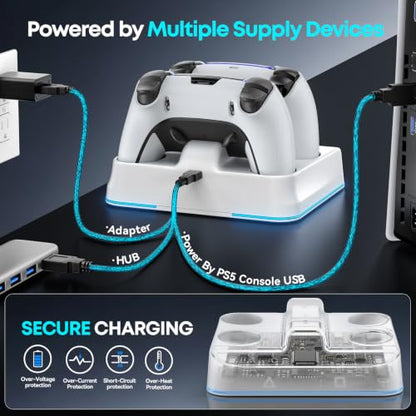 PS5 Controller Charger Station, Drop & Go Design Compatible with PlayStation 5 DualSense/Edge Remotes, Fast Charging Dock with 9 RGB Lights & LED Indicator, Charging Stand