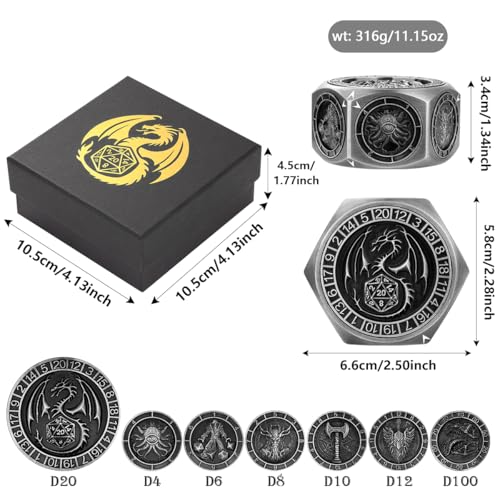 DND Polyhedral Game Dice, D&D Spinner Dice, 8-in-1 Metal Dice Set | 3D Hexagon Relief Design, D&D Spinner Dice, DND Gifts, Role Playing Board Game Accessories, with Gift Box, Dark Silver - color: Silver