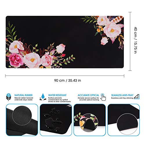 iCasso Extended Gaming Mouse Pad,35.4 x 15.7in Desk Pad,Flower | Non-Slip Rubber Base Mousepad with Stitched Edges,Waterproof Keyboard Mouse Mat Desk Pad for Work Home - color: Flower