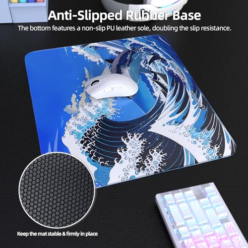 ATTACK SHARK CM05 Glass Gaming Mouse Pad,17.7x15.7 in Large Mouse Mat,Non Slip 9H Hard Mousepads,Nano-Textured Glass Surface with Improved Precision and Speed for FPS/MOBA-Wave Shark,Blue - color: Blue