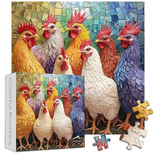 PICKFORU Colorful Roosters Puzzles for Adults 1000 Pieces, Mosaic Farm Chicken Jigsaw Puzzles 1000 Pieces, Difficult Art Animal Puzzle - style: Colorful Roosters