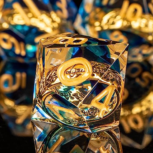 OUKELANWO Magic Lord Rings DND Dice Set with Box, 7Pcs Resin LOTR D&D Dice Set for Role Playing Game, Blue Gold Dungeons Dragons D and D Sharp Edge Dice D20 D12 D10 D8 D6 D4 - color: Blue