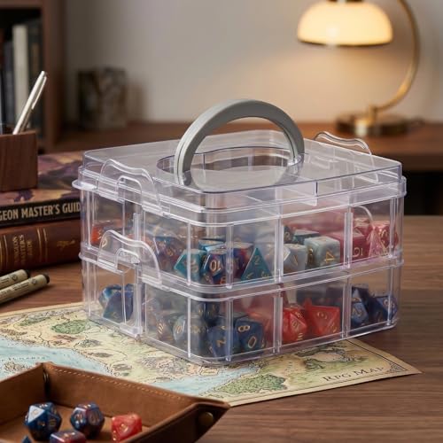 PUGED DND Dice Storage Box with Removable Dividers Polyhedral Dice Plastic Organizer Holding Up To 900 Dices Craft Bead Compartment Container for Sewing, Jewelry, Art, DIY (2 layers) Box Only - size: 2 layers