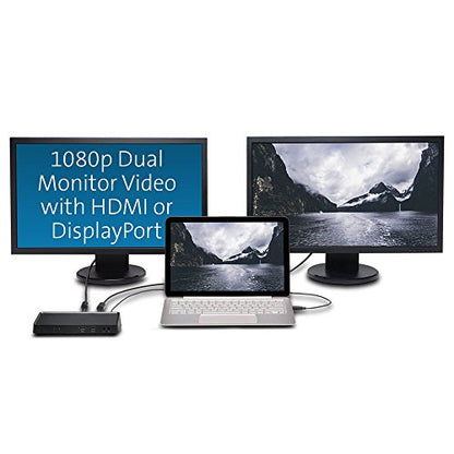 Kensington USB 3.0 Dual Display Docking Station (K33997WW) Black | 4 USB 3.0 + 2 USB 2.0 ports, DP & HDMI dual 2K@60Hz, GbE, powers accessories only (not laptop), Mac requires USB-C adapter