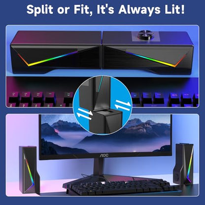 AOC Computer Speakers for Desktop, Bluetooth & USB Input, USB Powered Gaming Stereo Speakers for PC Laptop Monitor, 6 Colorful RGB Modes, Detachable 2-in-1 Design (Package Only 2 Speaker)