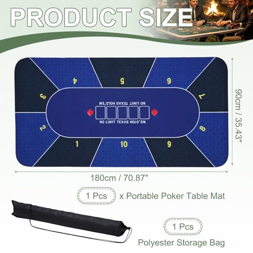 DTGN Portable Poker Table Mat, 71" x 35" Non-Slip Foldable Rubber Poker Mat, Noise Reduction Table Top with Polyester Storage Bag for Tabletop Games Home Games Night, Dark Blue - size: 71" x 35"