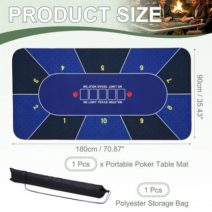 DTGN Portable Poker Table Mat, 71" x 35" Non-Slip Foldable Rubber Poker Mat, Noise Reduction Table Top with Polyester Storage Bag for Tabletop Games Home Games Night, Dark Blue - size: 71" x 35"