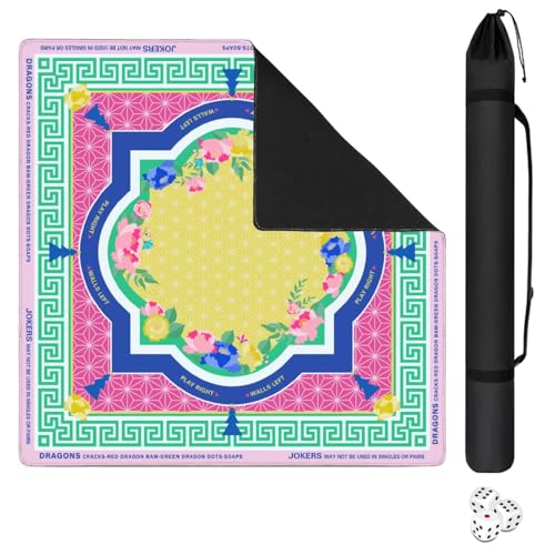 Mahjong Mat with Black Carrying Bag, 31.5"x31.5" Anti-Slip Noise Reduction Gaming Mat for Mahjong, Poker, Board Games, 3 Dice & Black Storage Bag (Pink and Blue Lotus, One Size) - color: Pink and Blue Lotus