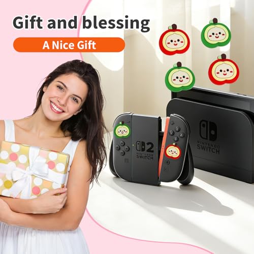 PERFECTSIGHT Cute Apple Switch 2 Joycon Thumb Grips Caps, 4 PCS Switch2 Kawaii 3D Silicone Analog Thumbstick Button Cover for NS Switch 2 Joystick Caps - color: Red+Green Apple
