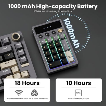 RK ROYAL KLUDGE M20 Wireless Number Pad, Mechanical Numpad with LCD Display, PC Numpad & Calculator Modes, Programmable Numeric Keypad, Bluetooth/2.4G/Wired, RGB Hot-Swappable for Win/Mac - color: Black
