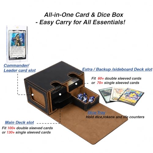 Venssu Storage Box, Commander Deck Box with Dice Tray, Fits 200 Single Sleeved Cards, 2 Dividers, Magnetic Closure, PU Leather, Black & Brown | Holds 200 Single/160 Double-Sleeved Cards, Fit MTG/PTCG/OPTCG Cards, Strong Magnet, With 2 Dividers & 1 Magneti