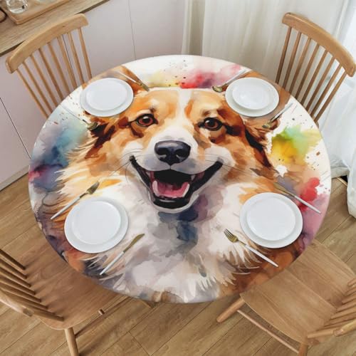 Famame Watercolor Corgi Lovely Fitted Round Tablecloth Waterproof Table Cloth with Elastic Edge Wipe Clean Table Cover for Indoor Outdoor Fits 45"-50", Medium - color: Watercolor Corgi Lovely, size: 2" (Round)