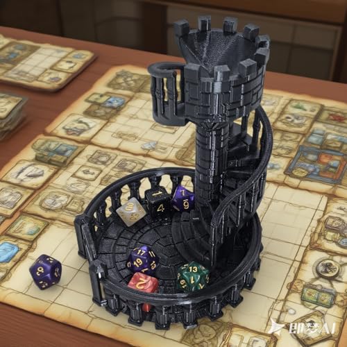 Dice Spiral Dark Castle Dice Tower Dungeons and Dragons RPG Tabletop Roleplaying Game Jail D&D (Random 7PCS D20 Dice Set Included) Black - color: Black