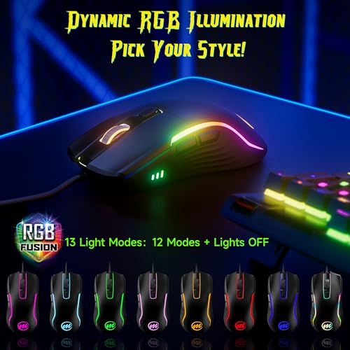 memzuoix Wired Gaming Mouse with RGB - 6 Adjustable DPI up to 12800, 6 Buttons, 12 Lighting Modes, Ergonomic Design with Anti-Slip Rubber Wheel, 5.6ft Braided Cable for PC/Mac/Windows - Black - color: Black