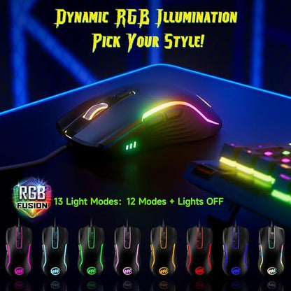 memzuoix Wired Gaming Mouse with RGB - 6 Adjustable DPI up to 12800, 6 Buttons, 12 Lighting Modes, Ergonomic Design with Anti-Slip Rubber Wheel, 5.6ft Braided Cable for PC/Mac/Windows - Black - color: Black