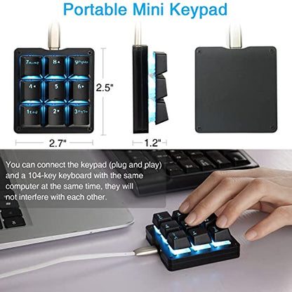 Koolertron Mechanical Numpad Macro Keyboard, 9-Key Numeric Keypad LED Backlit Gaming Keyboard, Fully Programmable Number Pad Keyboard, Computer High Ground Mechanical Macro Number Keypad - color: Black/Blue Switches/Blue LED