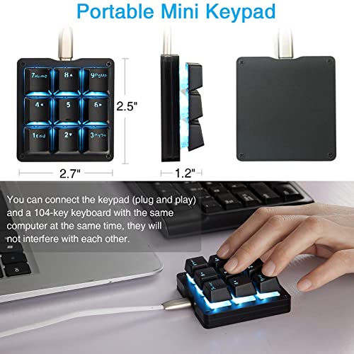 Koolertron Mechanical Numpad Macro Keyboard, 9-Key Numeric Keypad LED Backlit Gaming Keyboard, Fully Programmable Number Pad Keyboard, Computer High Ground Mechanical Macro Number Keypad - color: Black/Red Switches/Blue LED