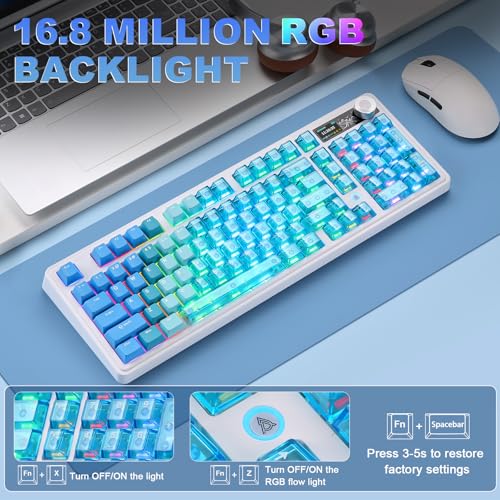 AJAZZ AK980 V2 Pro 98% Dual 8K Mechanical Keyboard, 10000mAh Wireless Tri-Mode Gaming Keyboard with Smart Display & Knob, Hot Swappable BT/2.4G/USB-C for Win/Mac (Blue,Lychee Switch) - color: Blue
