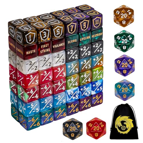 MTG Counter Dice Set, 90 Pieces Marble Color D6 Cube Dice -1/+1 Life Counter and Shield Counter Dice for Magic The Gathering,TCG,Cards Gaming Accessories with Dragon Bag