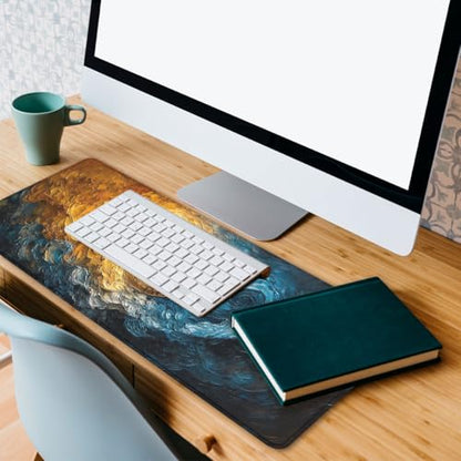 Abstract Mouse Pad Oil Painting Gold Blue Waves Large Gaming Mouse Mat with Stitched Edges,Non-Slip Waterproof Rubber Base Mous Mat Office Computer Keyboard Laptop 31.5x11.8 Inch - color: Abstract_01, size: 31.5L x 11.8W inches