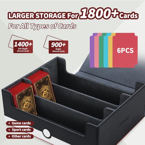tombert Card Storage Box - 1800+ Capacity Case with 6 Dividers & Secure Magnetic Seal for TCG, MTG, YuGiOh, Sport Cards (3 Rows-White & Red) - size: 1800+