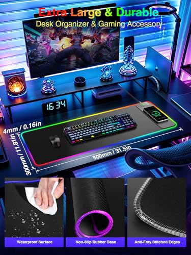 Wireless Charging Mouse Pad Gaming, 31.5"x11.8" Large Desk Mat, Waterproof | RGB Mousepad, Smooth Glide, Stitched Edge, Non-Slip Rubber Base, Desk Pad Computer Keyboard Mat, No Adapter - color: RGB-31.5"x11.8"-Right